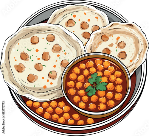Chole bhature outline vector with chickpea curry and puffy fried bread