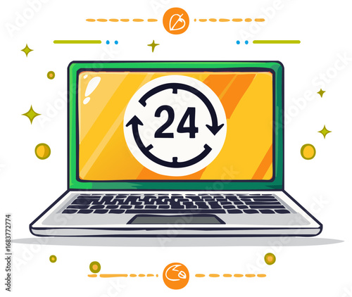Laptop with 24-hour service, support and availability symbol, vector illustration.