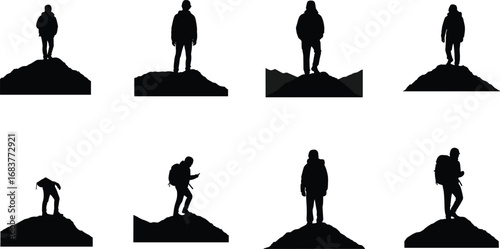 Mountain hiking climber silhouettes, outdoor adventure illustration, trekking mountaineer graphic, summit exploration art, wilderness travel scene, nature sport activity, expedition success concept
