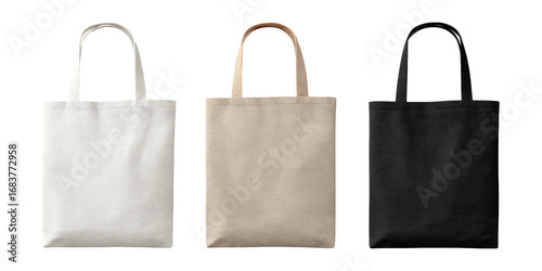Three blank canvas tote bags in white, beige, and black (1)