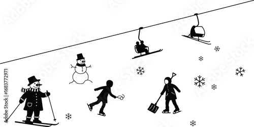 Winter, skiing, ice skating, snowman, snowflakes, ski lift, snowball, shovel, flag, cold, holiday, outdoor, festive, black, white, illustration, seasonal, vector, silhouette, activity