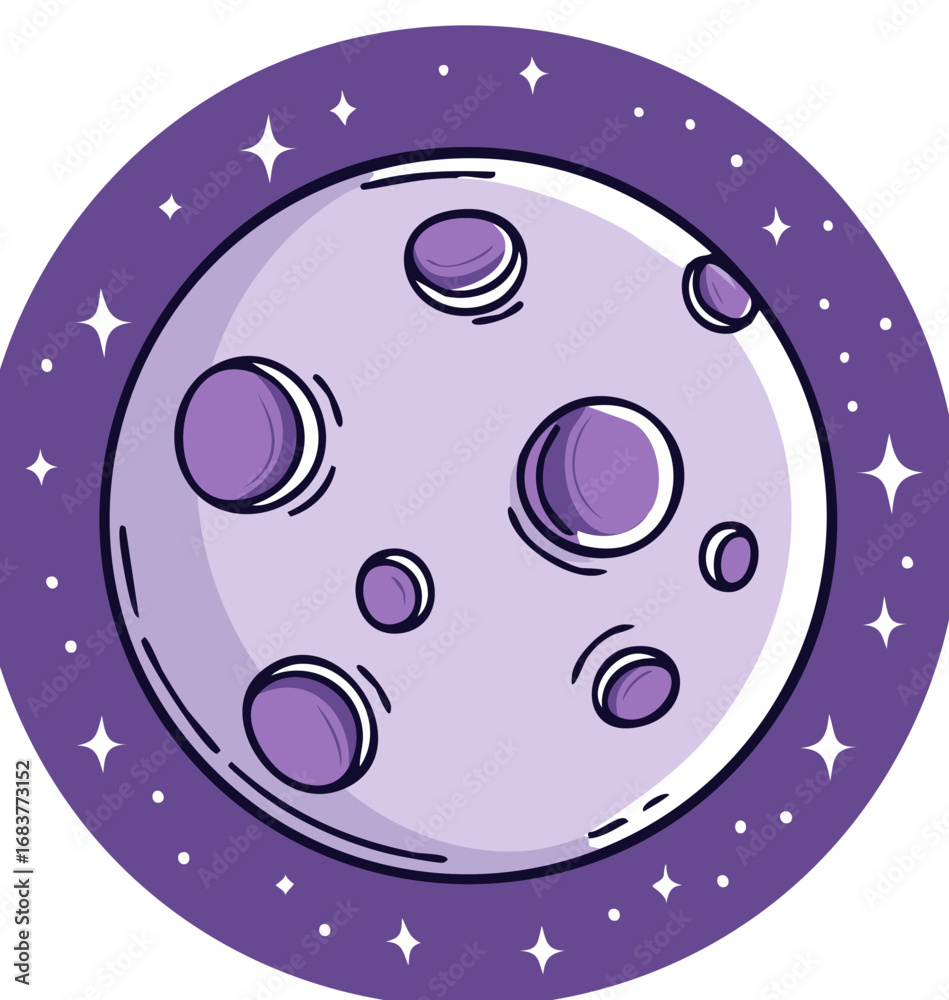 Fototapeta premium Whimsical purple moon with craters and glowing stars in a circular frame