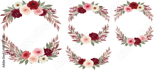 Floral wreaths and arrangements with roses and leaves in various shapes.