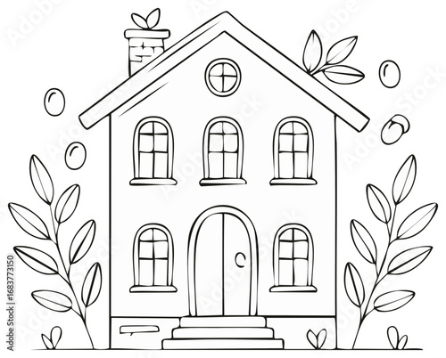 Outline of a cozy house with surrounding leaves and floral elements