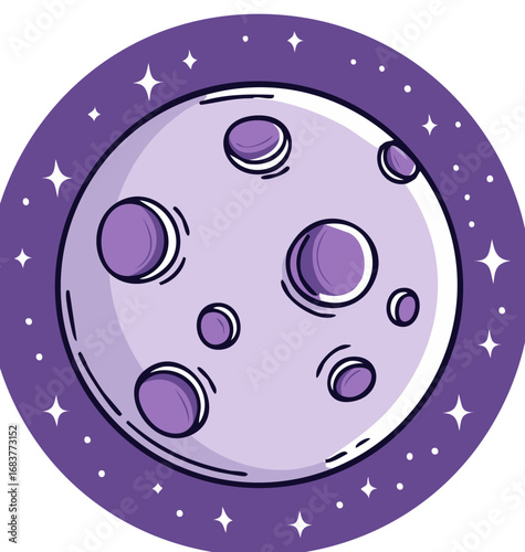 Whimsical purple moon with craters and glowing stars in a circular frame