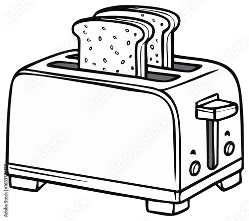 Cartoon toaster with bread slices black and white vector illustration. Kitchen appliance line art for a breakfast concept.