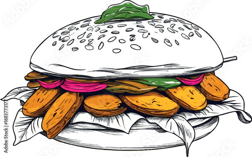 Vada pav outline vector. Line drawing of Indian street food bun with potato filling.
