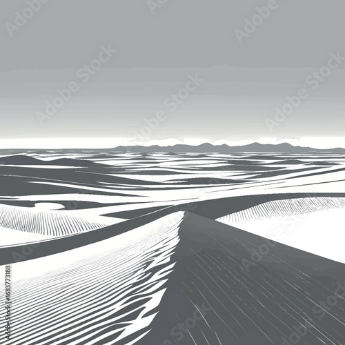 Vast Desert Landscape Outline Vector. Minimalist Sand Dunes Stretching To Distant Horizon.