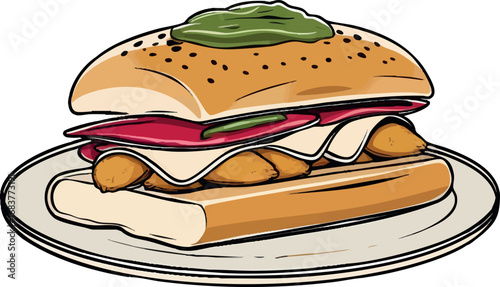 Vada pav outline vector. Line drawing of Indian street food bun with potato filling.