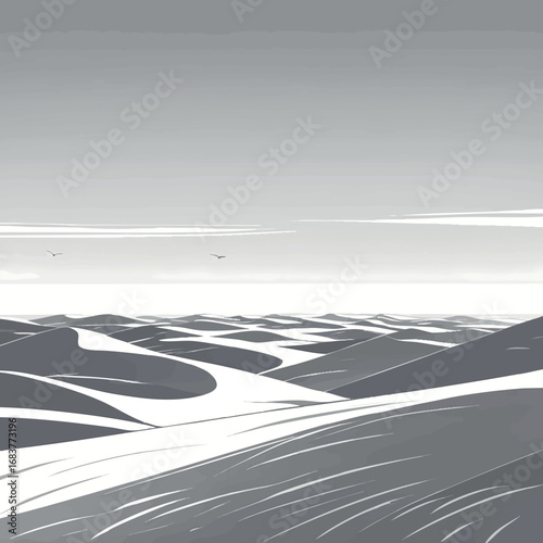 Vast Desert Landscape Outline Vector. Minimalist Sand Dunes Stretching To Distant Horizon.