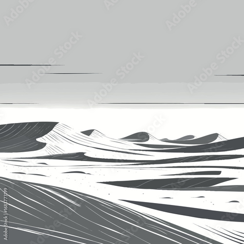 Vast Desert Landscape Outline Vector. Minimalist Sand Dunes Stretching To Distant Horizon.