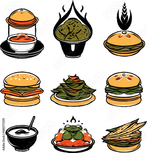 Indian street food set outline including pani puri pav bhaji and vada pav in line vector