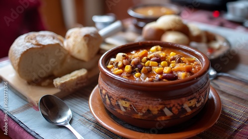 Cachupa - A hearty stew with beans and corn, a traditional dish from Praia, Cape Verde, served with a side of fresh bread.