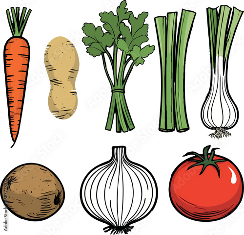 Soup vegetable ingredients in outline. Carrot tomato celery and more in minimal vector.