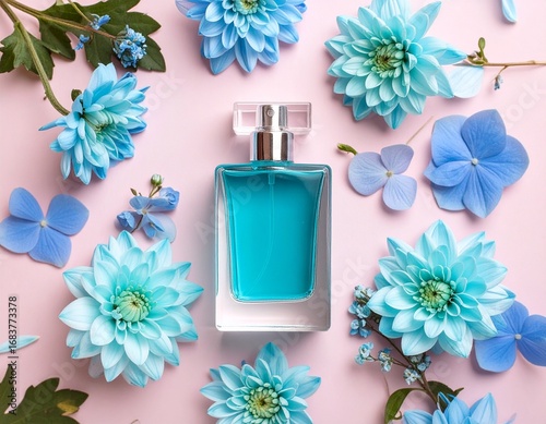 blue perfume bottle with flowers around it and a pink background 2