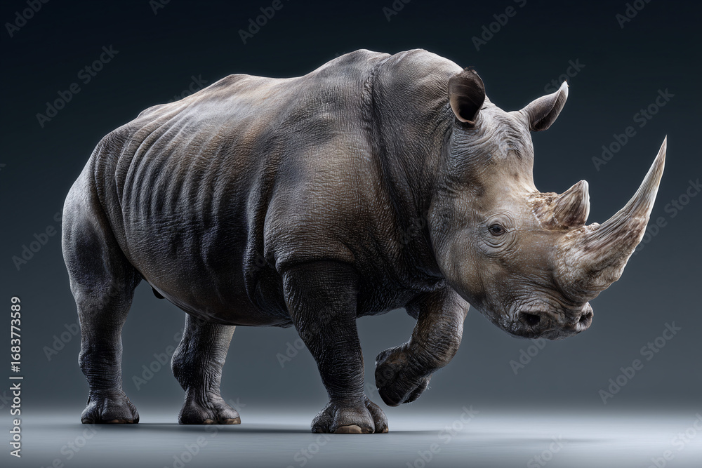 Obraz premium A powerful rhinoceros, captured in a striking pose, showcasing its impressive horn and rugged hide