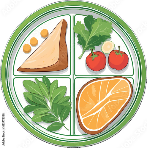 Balanced plate with healthy fats outline illustration. Simple meal planning guide showing proper nutrition ratios for dietary education and healthy eating.