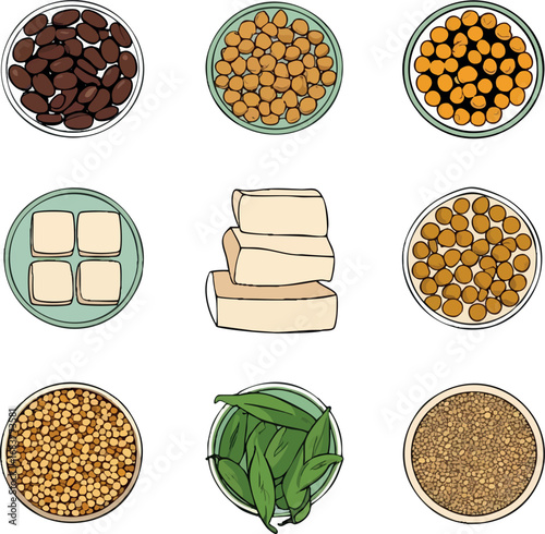 Vegan protein sources outline icon set. Vector plant-based protein foods in minimalist black line style on green background.