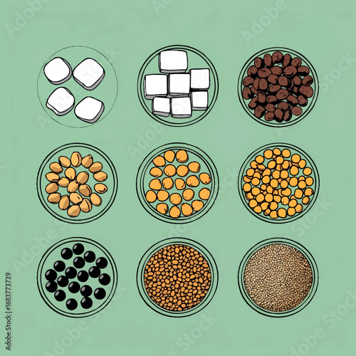Vegan protein sources outline icon set. Vector plant-based protein foods in minimalist black line style on green background.