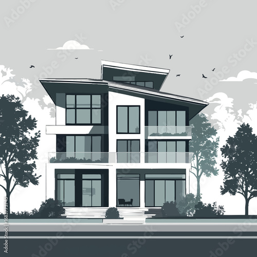 Modern family house outline vector. Two-story home with windows and garden trees.