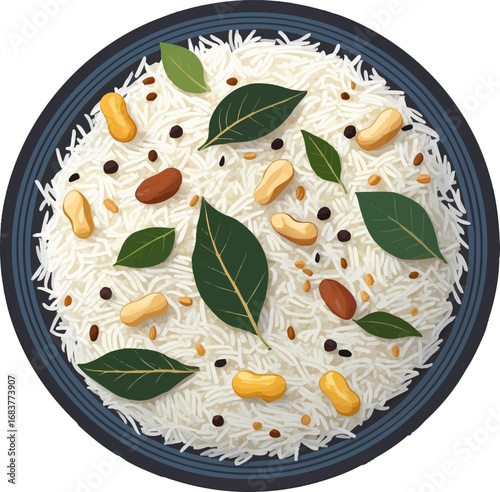 Poha outline vector with flattened rice peanuts and curry leaves in line art style