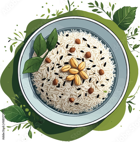 Poha outline vector with flattened rice peanuts and curry leaves in line art style