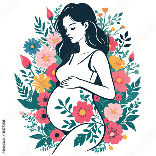 Floral pregnancy outline vector. Stylized pregnant woman with natural elements.
