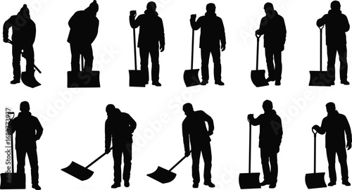 Snow shoveling silhouettes set, winter activity illustration, cold weather work art, outdoor labor graphic, seasonal task concept, ice removal and safety theme