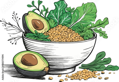 Healthy food bowl outline vector. Clean line art of wellness ingredients and balanced diet.