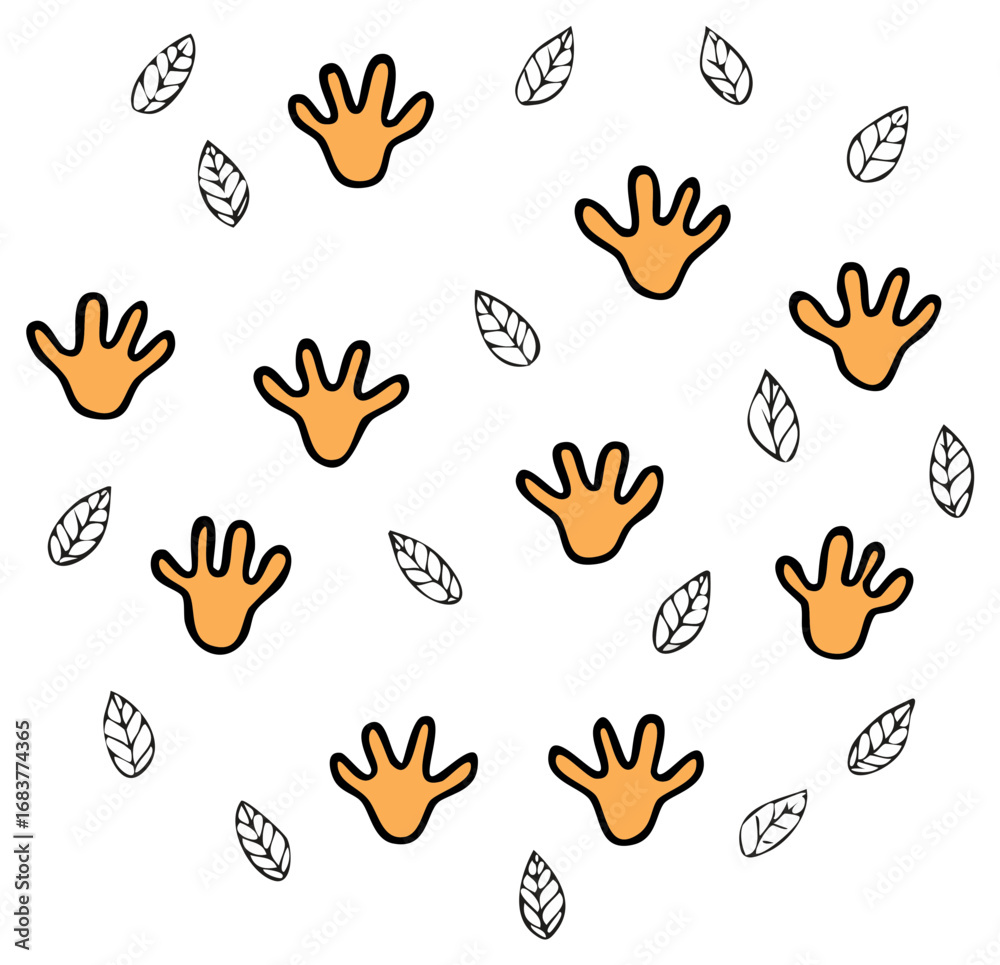 Fototapeta premium Cute animal paw prints and hand drawn leaves seamless pattern illustration