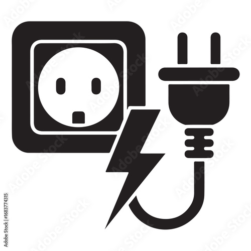 Power Plug and Outlet Silhouette Clipart – Black Icon with Lightning Bolt Symbol
