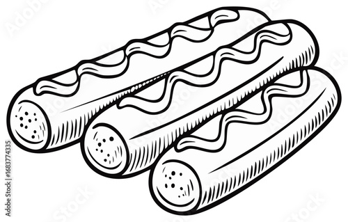 Vintage style sketch of three cooked sausages with a sauce topping