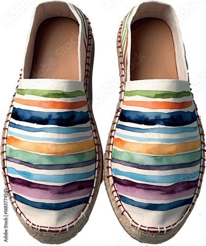 Watercolor summer espadrilles with striped pattern beach fashion illustration
