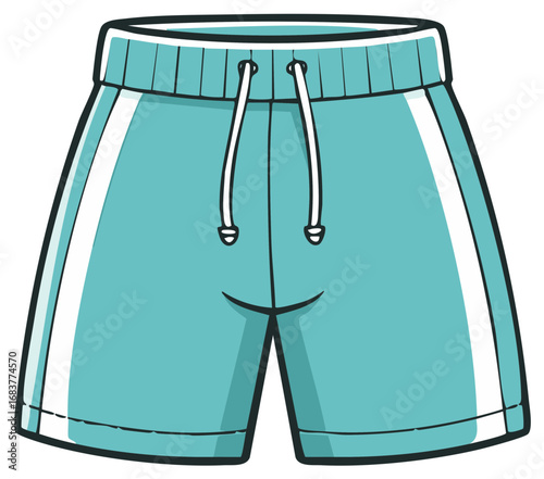 Vibrant turquoise athletic shorts featuring white side stripes and a drawstring illustration