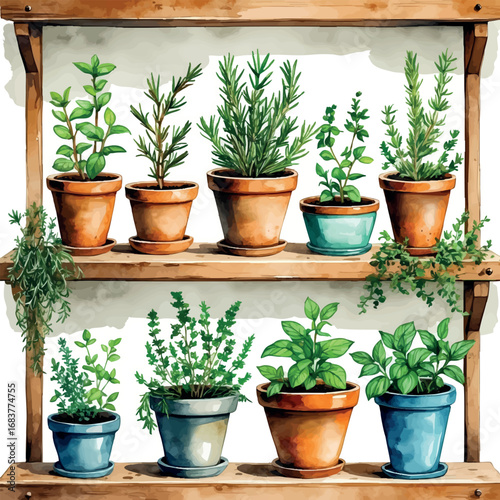 Watercolor herb garden with labeled pots of rosemary basil thyme and mint in vintage style