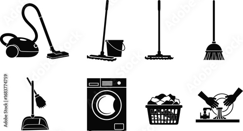 Cleaning, household, vacuum, mop, bucket, broom, dustpan, brush, washing machine, laundry basket, dishwashing, sink, soap, sponge, hygiene, chores, tools, black, white, icons