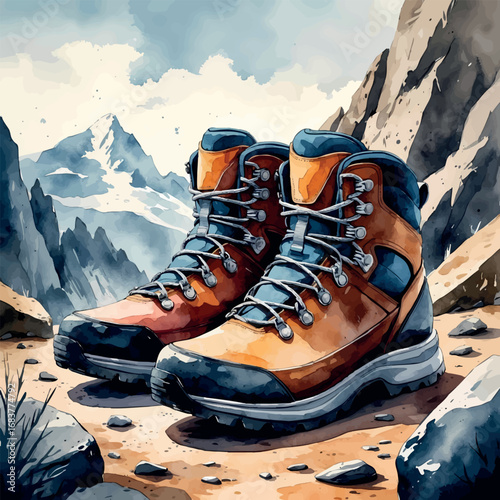 Watercolor hiking boots on rocky ground outdoor adventure footwear illustration