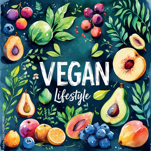 Watercolor vegan lifestyle poster with plants fruits and motivation