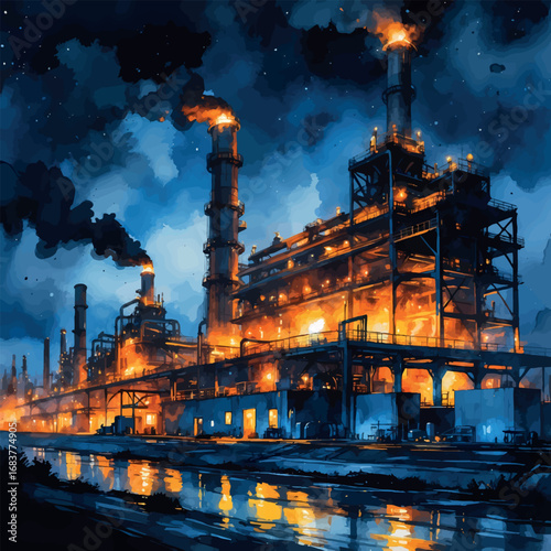 Night scene of steel factory – watercolor with glowing lights and dramatic mood