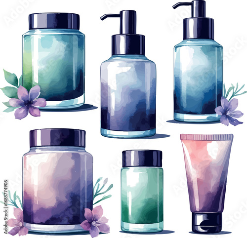 Anti-aging cosmetic products – watercolor vector of skincare containers isolated