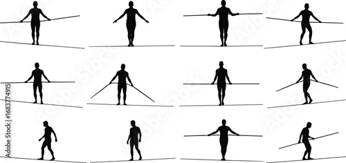 Tightrope walking silhouettes, balance performance collection, circus act illustration, acrobat movement art, sport activity concept, coordination and skill theme, posture and motion design