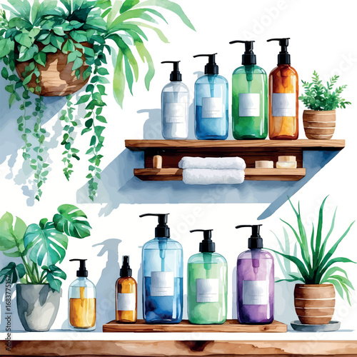 Watercolor vector of refill beauty station with eco-friendly interior elements