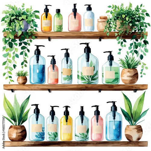 Watercolor vector of refill beauty station with eco-friendly interior elements