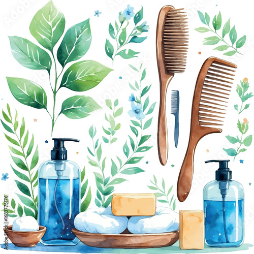 Eco-friendly zero waste bathroom – watercolor vector with sustainable beauty items