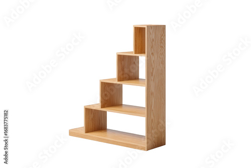 Modern wooden step shelving unit for storage and display isolated on transparent background