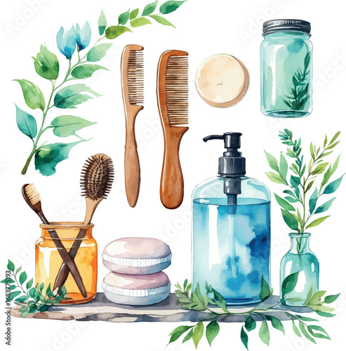 Eco-friendly zero waste bathroom – watercolor vector with sustainable beauty items