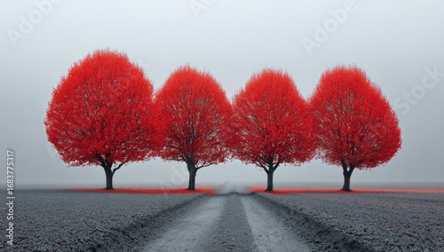 Three vibrant red trees line a gray dirt road through a misty landscape
