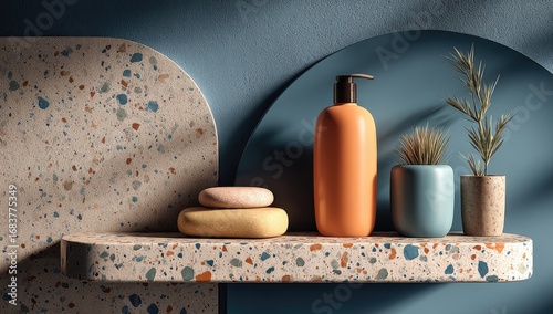 Terrazzo shelf with bathroom products. Sunlight highlights a shelf with terrazzo design.  Orange lotion bottle, pastel stones, and potted plant
