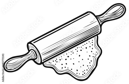 Classic wooden rolling pin flattening raw speckled dough for baking homemade pastries vector illustration