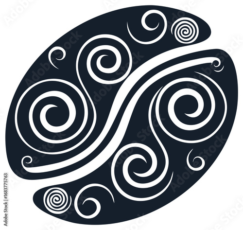 Coffee Bean Graphic with Abstract Swirls - Dark Blue Caffeine Seed Design Element with White Curves for Menus or Packaging